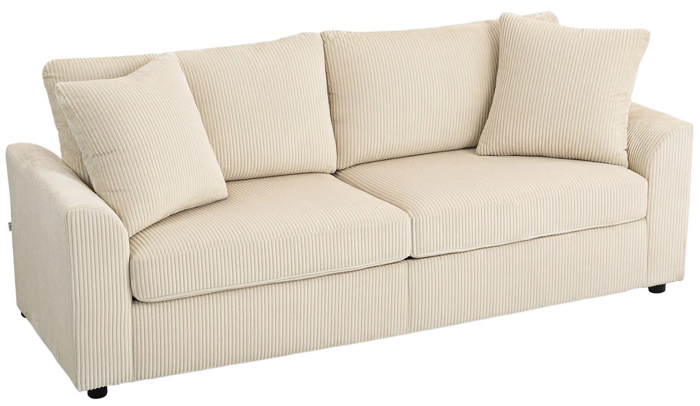 Sofá de 3 Lugares Moderno 212x80x88 cm Sofá Sala de Estar Estofado com 2 Almofadas Apoio de Braços e Estrutura de Aço Creme