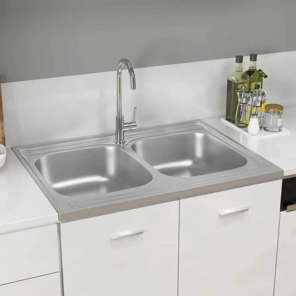 147235 vidaXL Lava-louça cozinha + cuba dupla 800x600x155mm aço inox prateado