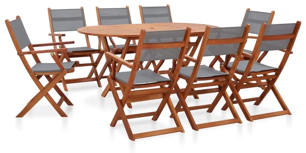 vidaXL 9 pcs conj. jantar exterior eucalipto maciço/textilene cinzento