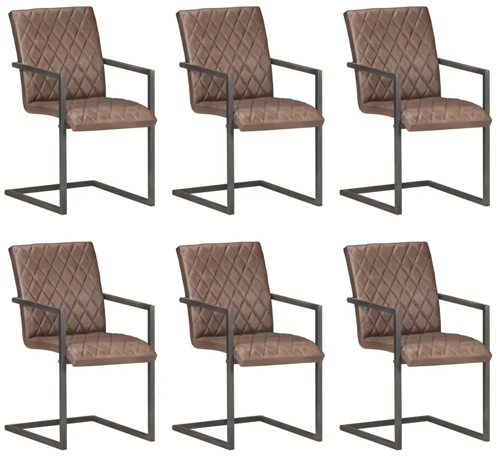 vidaXL Cadeiras de jantar cantilever 6 pcs couro genuíno castanho
