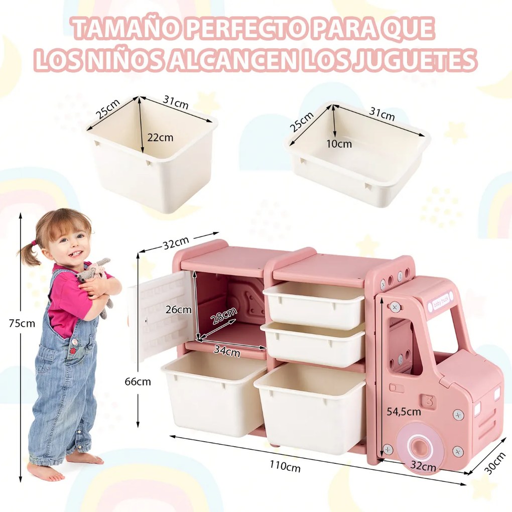 Organizador de brinquedos para crianças Estante infantil em forma de camião com 2 recipientes 2 gavetas Armarios 110 x 32 x 66 cm Rosa