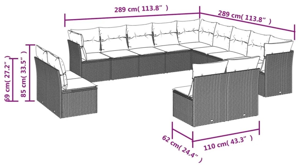 12 pcs conjunto de sofás p/ jardim com almofadões vime PE bege