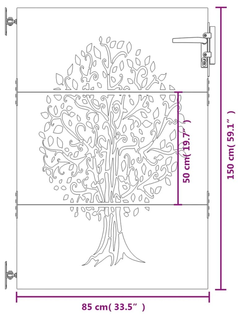 Portão de jardim 85x150 cm aço corten design árvore