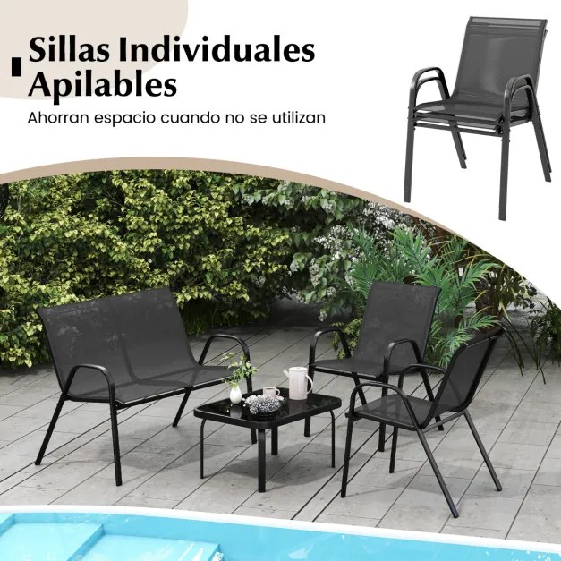 Conjunto de jardim exterior de 4 peças Mesa de café em vidro temperado Banco e 2 cadeiras individuais Tecido Textilene Mesa e cadeiras Cinzento