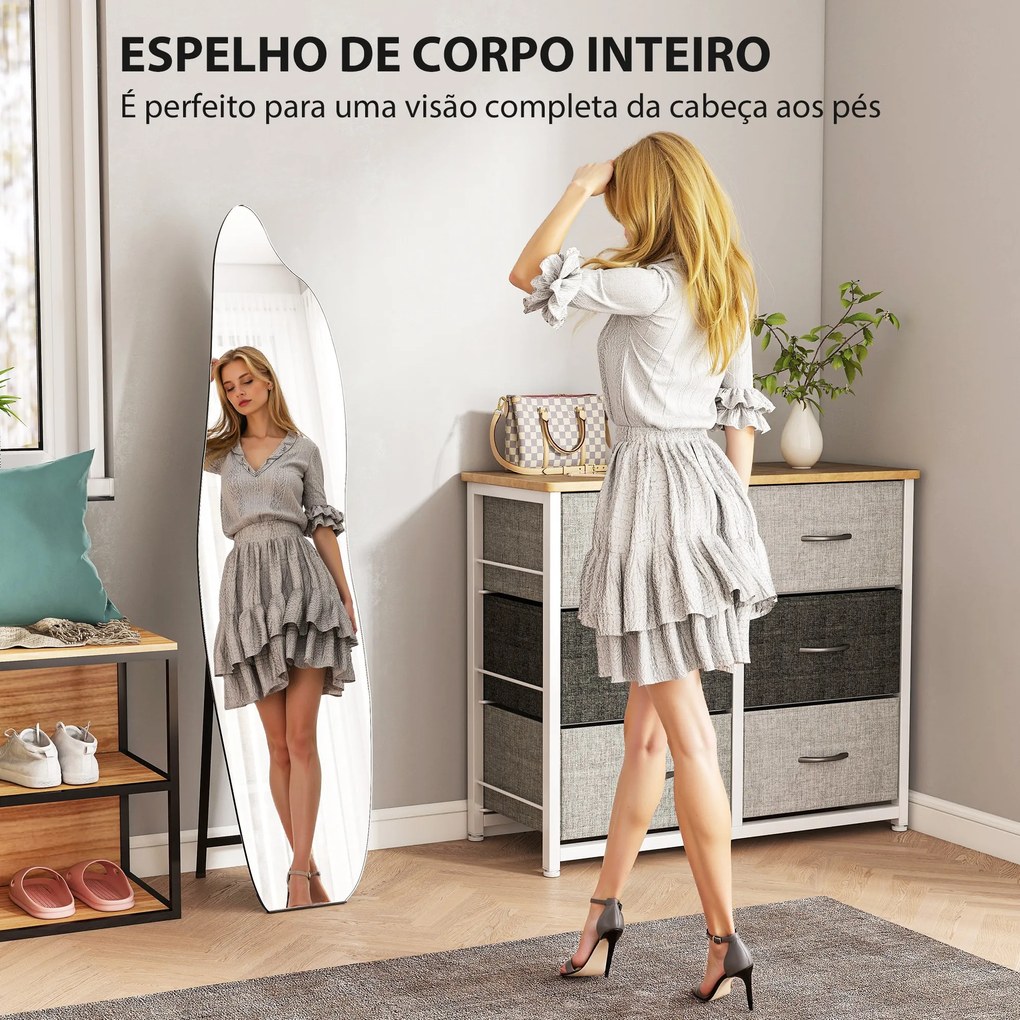 Espelho de Pé 160x40 cm sem Moldura Espelho de Corpo Inteiro Forma Irregular com Suporte Metálico Preto
