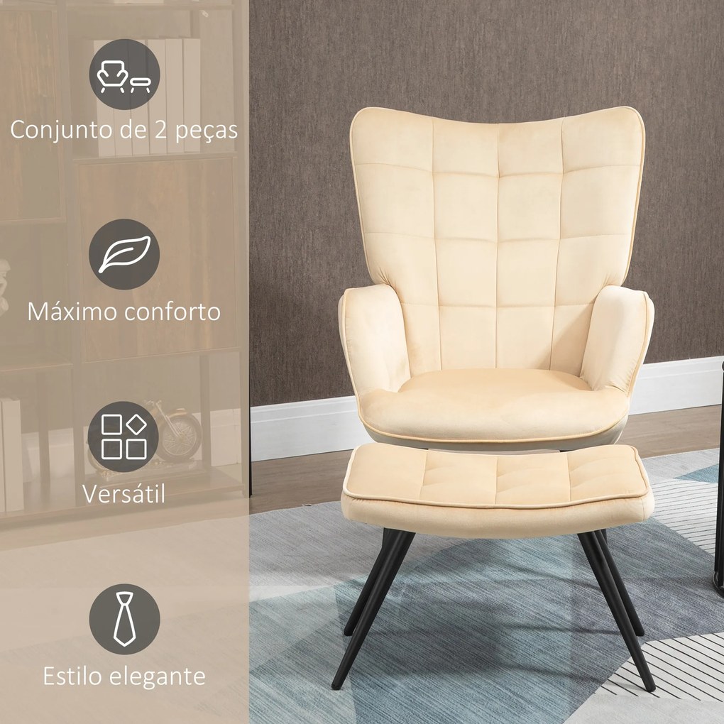 HOMCOM Poltrona Individual com Otomana Estofada em Veludo Poltrona de Sala de Estar com Encosto Alto Apoio para os Braços para Dormitório Escritório Carga Máxima 150kg 72x80x99cm Bege