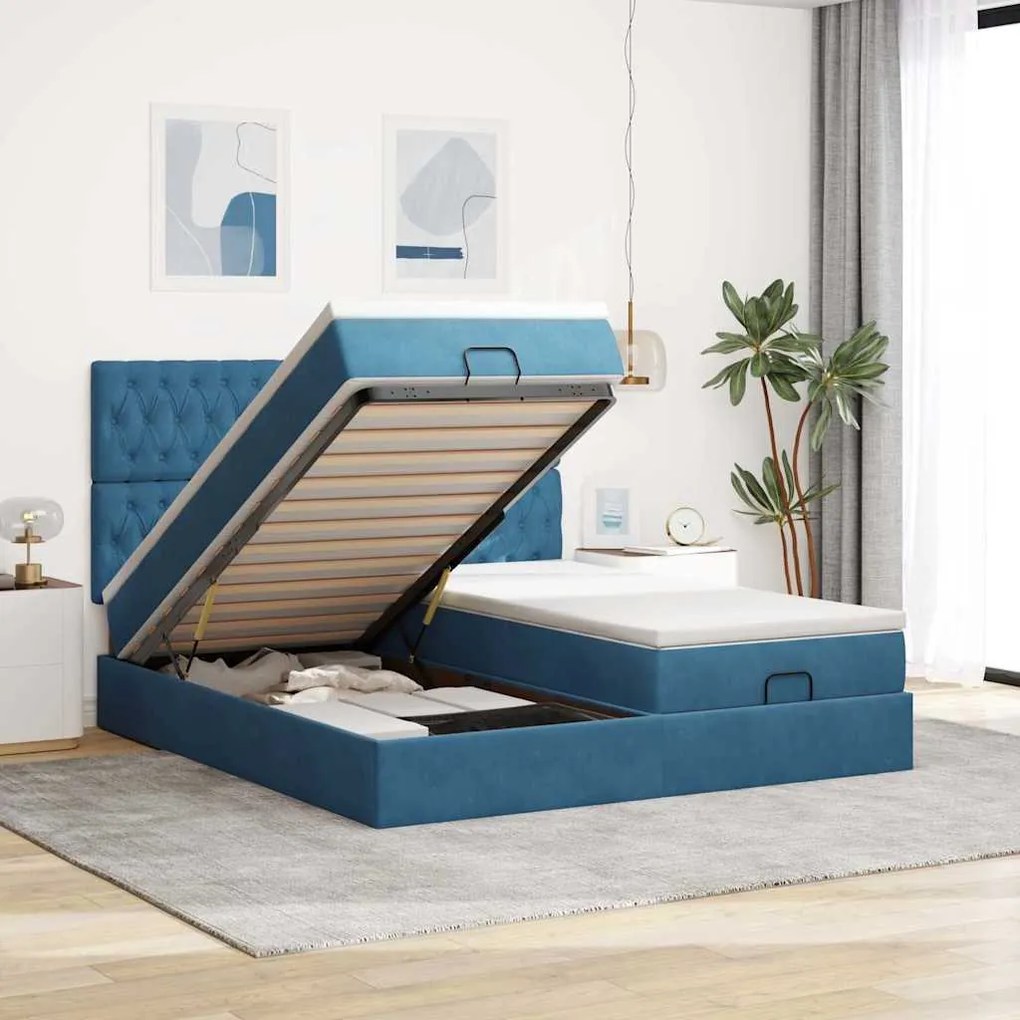 Estrutura cama otomana colchões 180x200 cm veludo azul escuro
