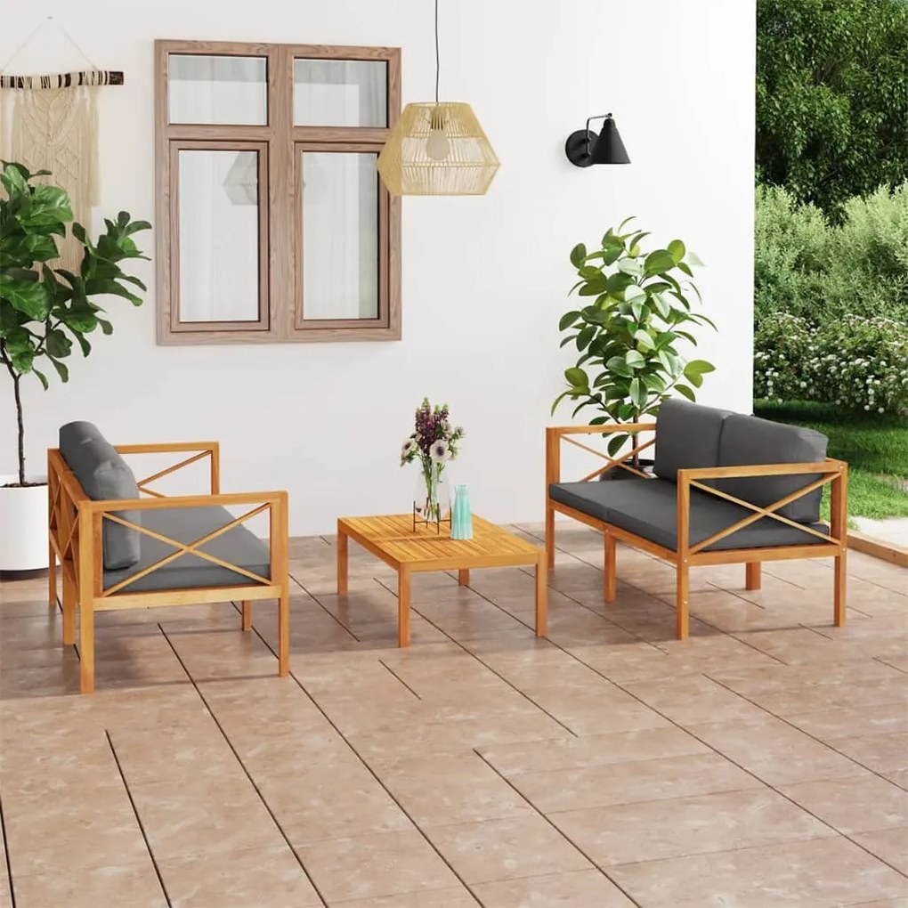 vidaXL 3 pcs conjunto lounge jardim c/ almofadões madeira teca maciça