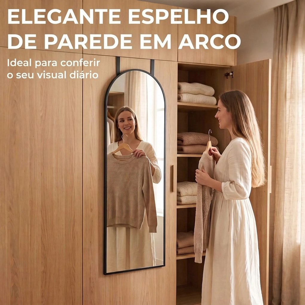 Espelho de Parede 40x110 cm com Design Arqueado e Ganchos Ajustáveis para Porta ou Parede Preto