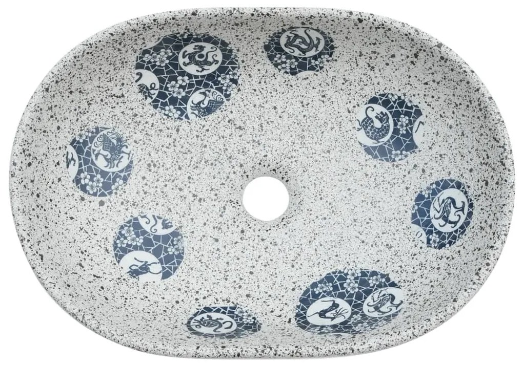 Lavatório de bancada oval 47x33x13 cm cerâmica cinza e azul