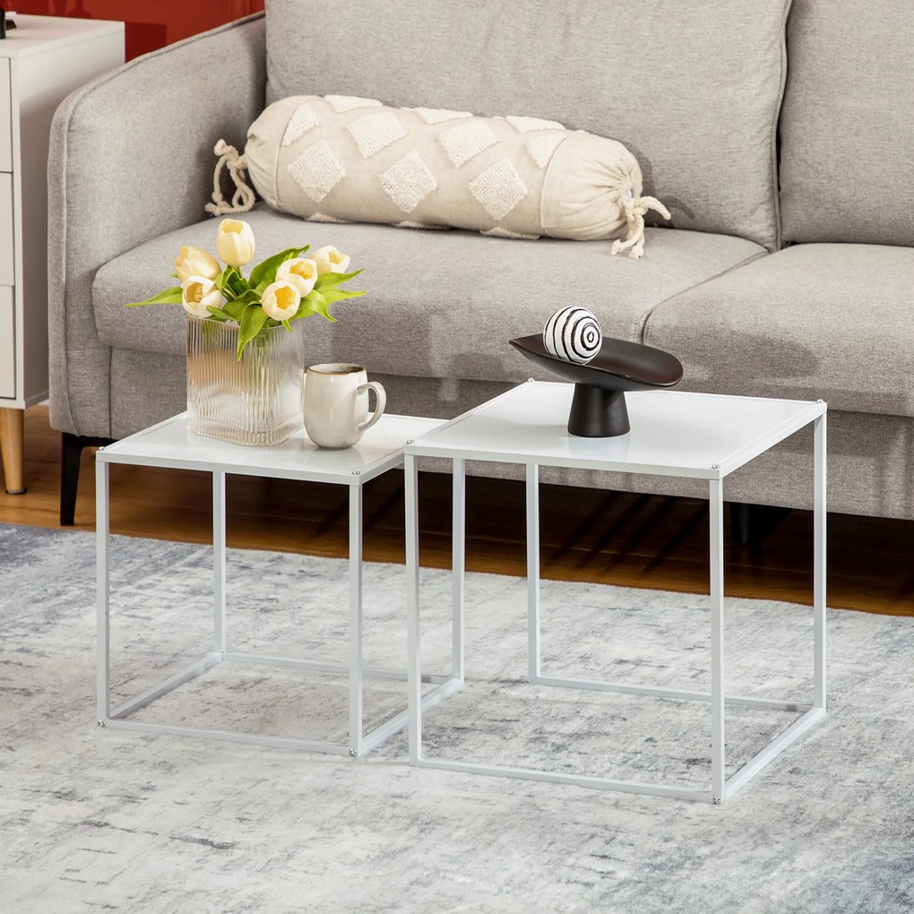 Conjunto de 2 Mesas Mesas de Centro Quadradas para Sala de Estar Estrutura de Aço Grande 40 cm Pequena 35 cm Branco