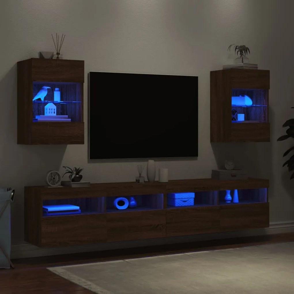 Armários de parede com luzes LED para TV 2 pcs carvalho castanho