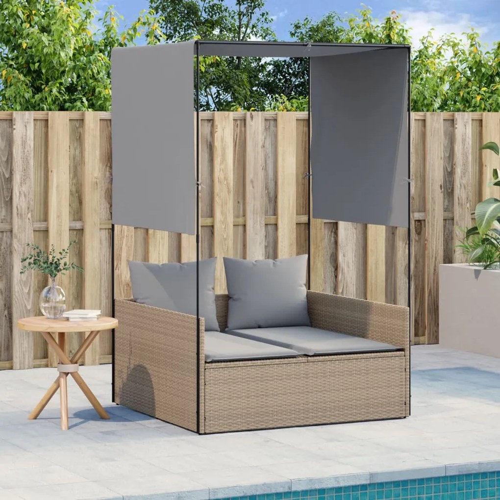 vidaXL Espreguiçadeira dupla com teto e cortinas vime PE bege