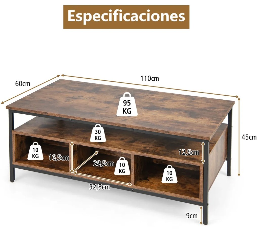 Mesa de centro 110 x 60 x 45 cm de 3 níveis com arrumação com estrutura metálica industrial Estante para sala de estar Castanho rústico