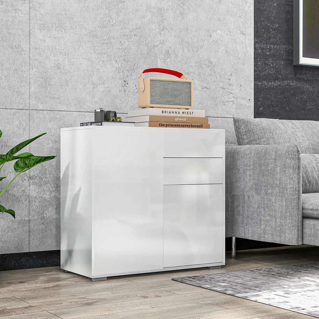 Cómoda, aparador, móvel de arrumação com 2 gavetas, 2 portas e prateleira – 79 x 36 x 74 cm, branco brilhante