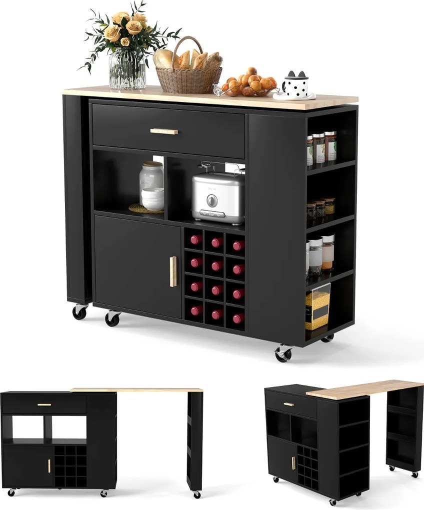 Carrinho de cozinha móvel 2 em 1 com garrafeira e Gaveta 120 x 40 x 100 cm Preto