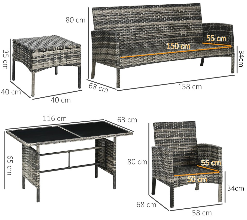 Conjunto Móveis de Jardim 6 Peças em Vime Sintético com Sofá de 3 Lugares 2 Poltronas Bancos e Mesa de Centro Cinza