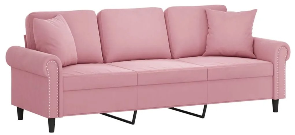 Sofá 3 lugares c/ almofadas decorativas 180 cm veludo rosa