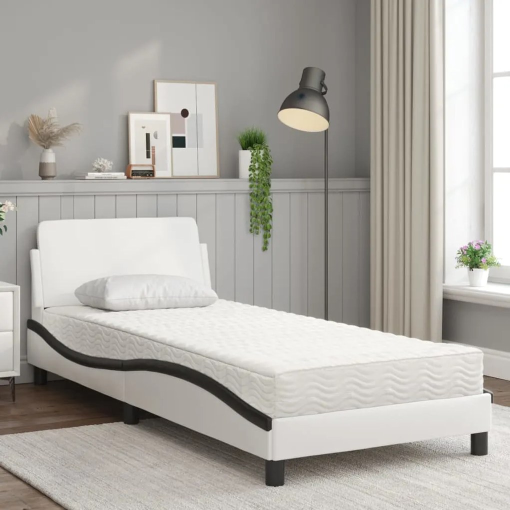 Cama com colchão 90x190 cm couro artificial preto e branco