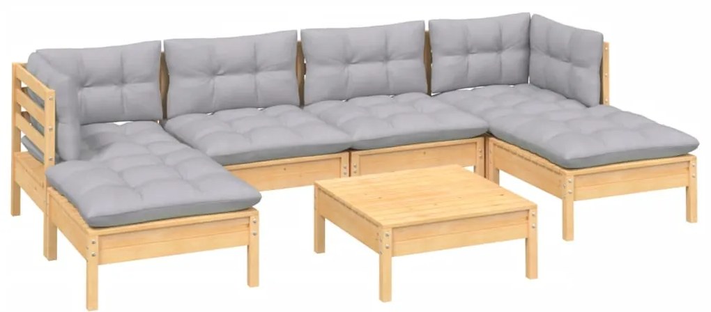 7 pcs conjunto lounge de jardim c/ almofadões cinzentos pinho
