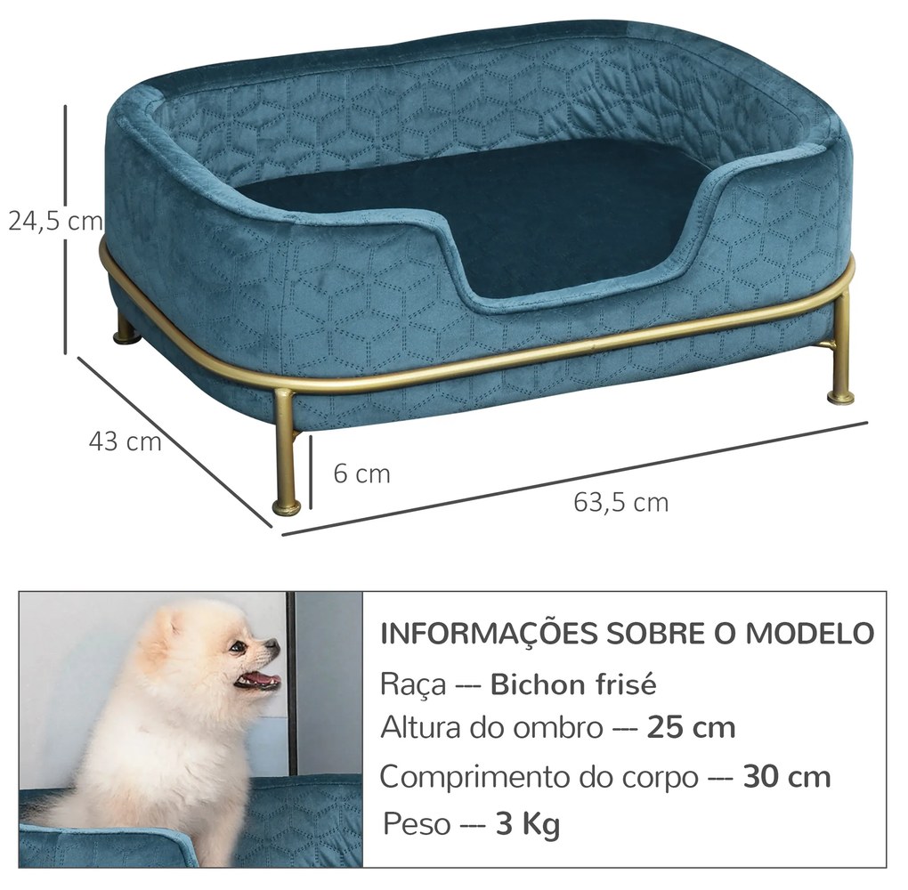 PawHut Sofá para Animais de Estimação em Veludo Cama para Cães e Gatos Pequenos com Almofada Suave Lavável Base de Metal e Bordas Elevadas 63,5x43x24,5cm Azul