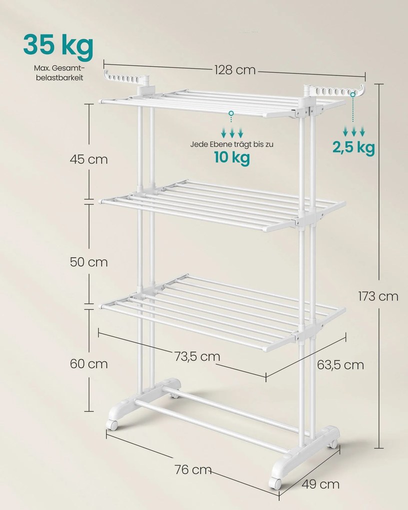 Estendal roupa com 4 níveis e Rodas 63,5 x 128 x 173 cm branco nuvem