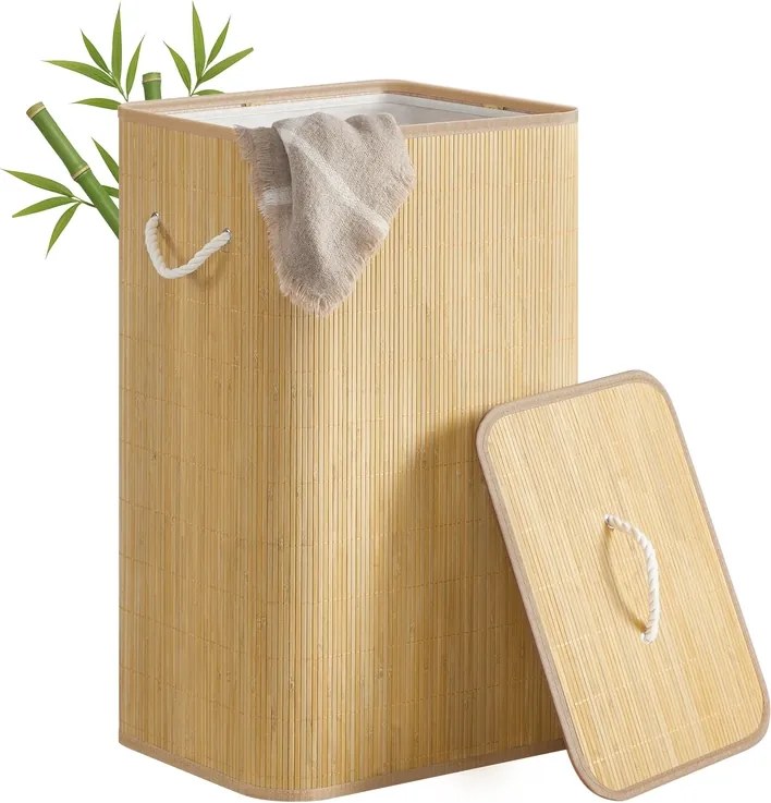 Cesto para roupa suja em bambu com tampa e saco removível 40 x 32 x 70 cm natural