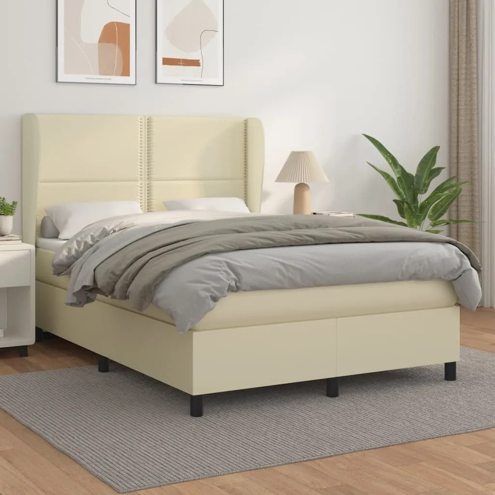 vidaXL Cama com molas/colchão 140x190 cm couro artificial cor creme
