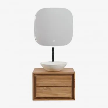 Conjunto De Móveis De Banheiro Em Madeira De Teca Jabari Madeira De Teca & Cimento Redondo Branco Ø40 Cm Zavion & Quadrado Led - Sklum