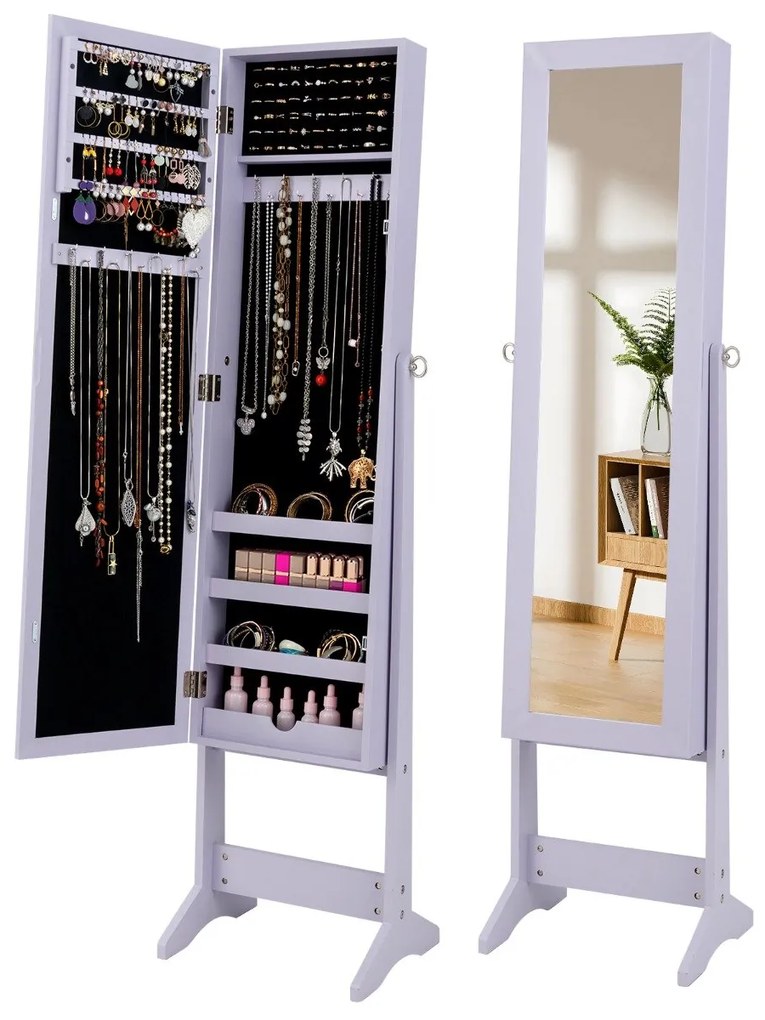 Novo armário de joias espelhado, organizador de espelho, caixa de armazenamento, anel com suporte, branco
