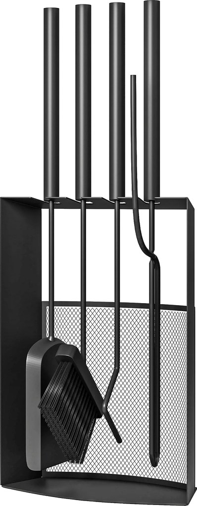 Conjunto de utensílios para lareira de 5 peças em metal, com vassoura, pá, atiçador, par de pinças e suporte, 28 x 13 x 59,5 cm, preto