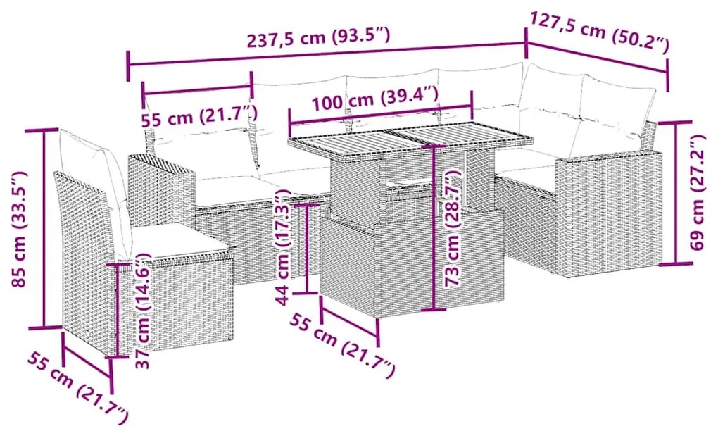 7 pcs conjunto de sofás p/ jardim com almofadões vime PE bege