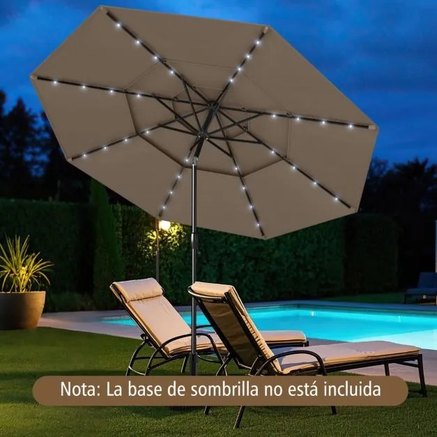 Guarda-sol para jardim de 313 cm com 32 luzes LED, teto ventilado de 3 níveis e ajuste de inclinação Castanho