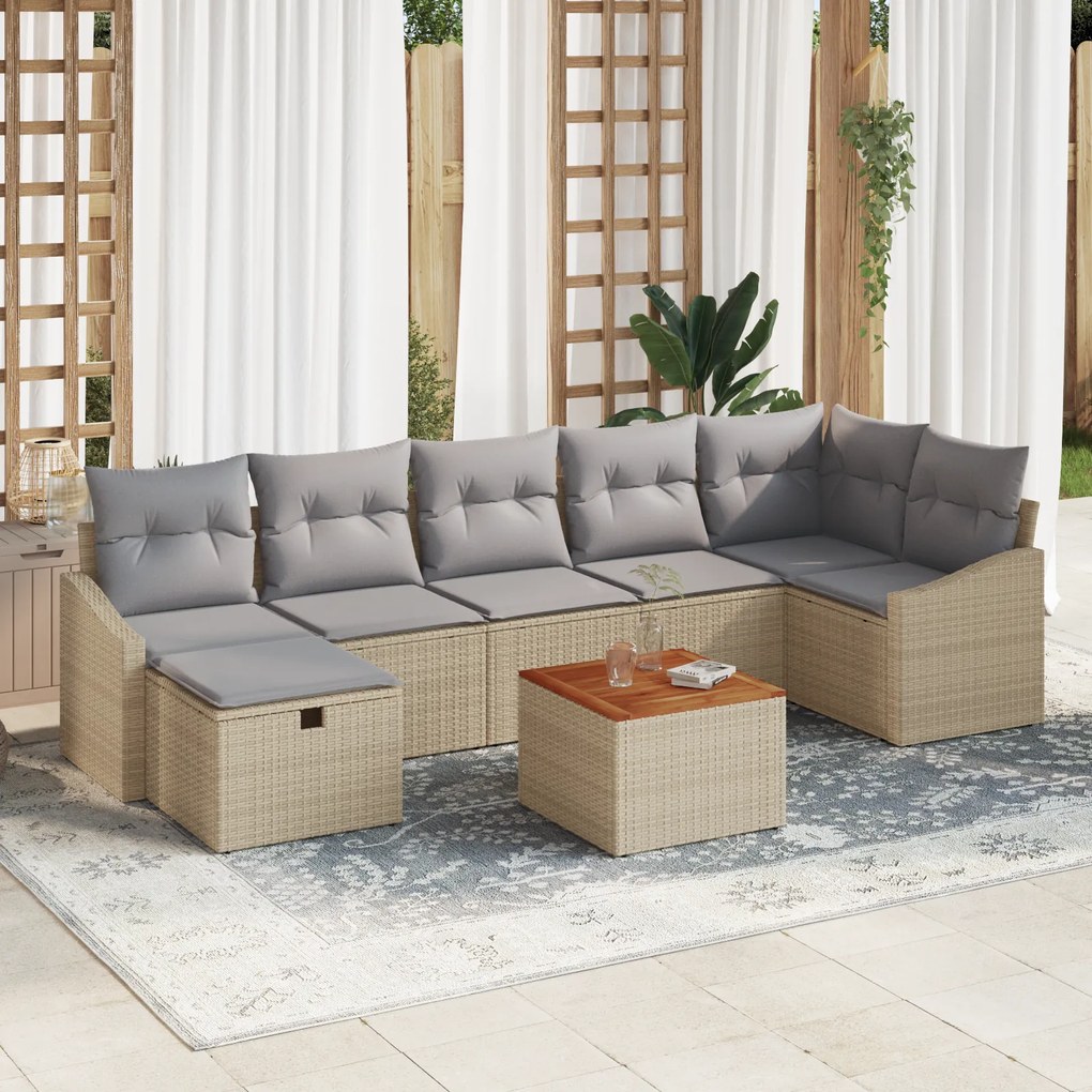 Conjunto de Sofá de Jardim 8 Peças com Almofadas Bege Polirattan