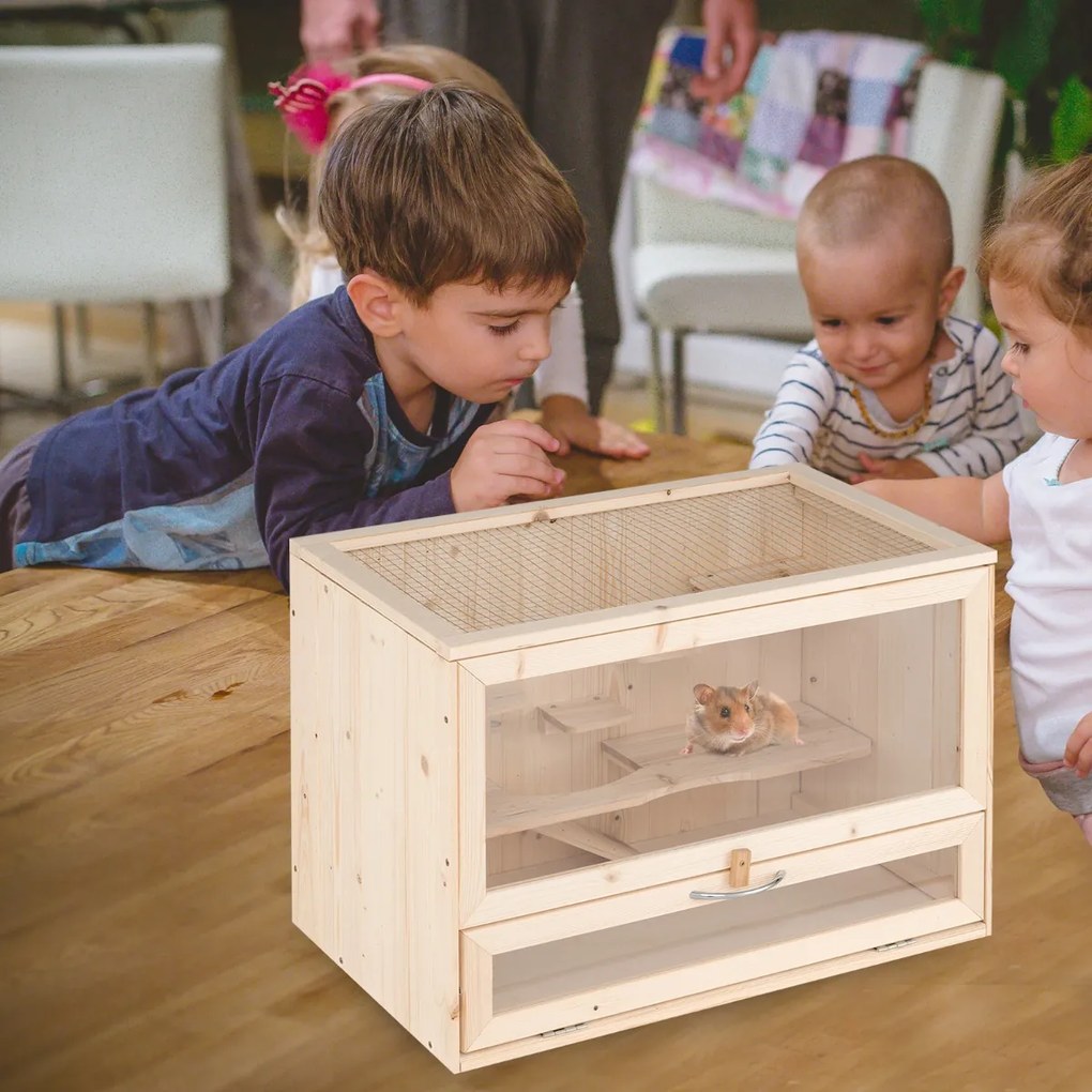 Gaiola de madeira para hamsters com tampa de malha rebatível, várias áreas para escalar, rampa, painel acrílico, porta com fechadura castanha