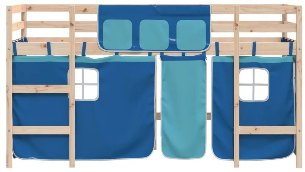 Cama alta p/ criança c/ cortinas 90x190 cm pinho maciço azul