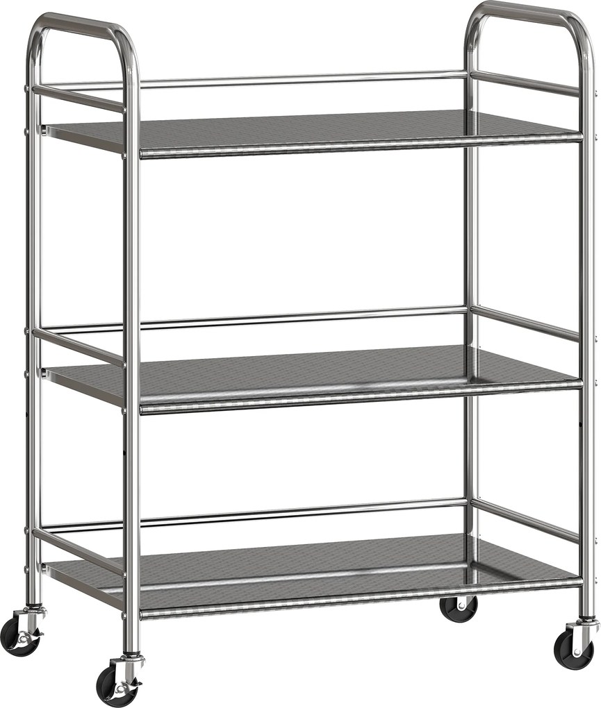 Carrinho Auxiliar cozinha com Rodas de Aço Inoxidável de 3 Níveis com Prateleira Ajustável 2 Rodas com Travão 60x35x77 cm Prateado