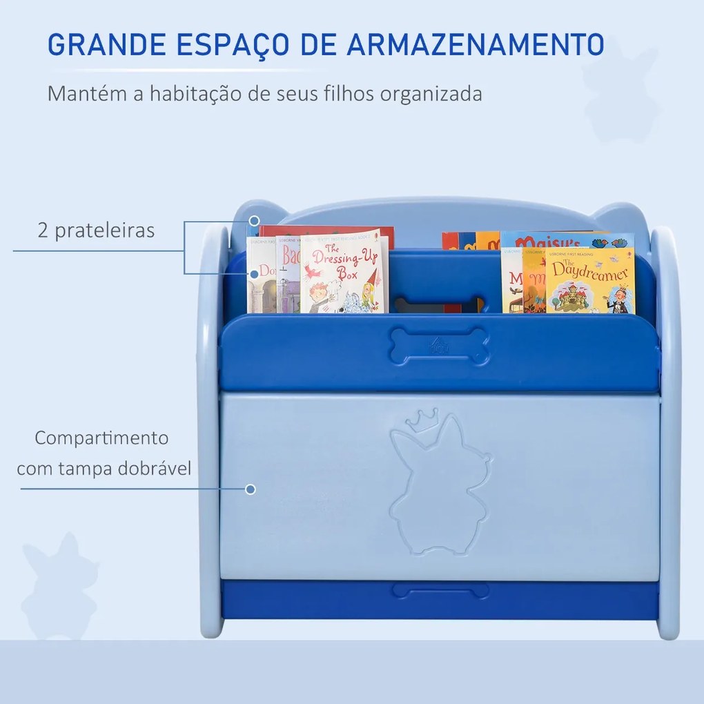 Estante Infantil de Brinquedos e Livros para Crianças com 2 Prateleiras e Caixa de Armazenamento com Tampa Dobrável para Habitação Infantil 70x33x62,5