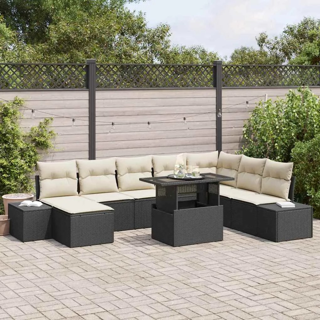 vidaXL Sofá de Jardim 9 Peças com Almofadas em Polyrattan Preto