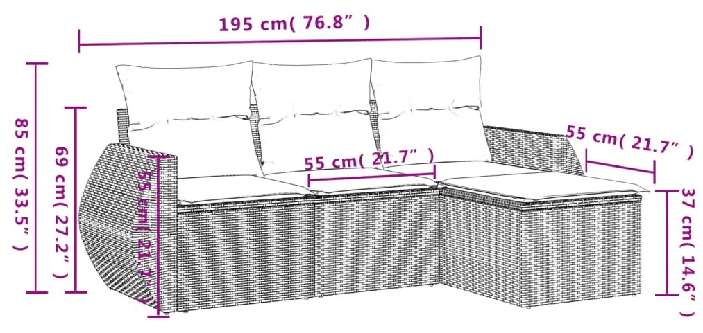 4 pcs conj. sofás jardim c/ almofadões vime PE cinzento-claro