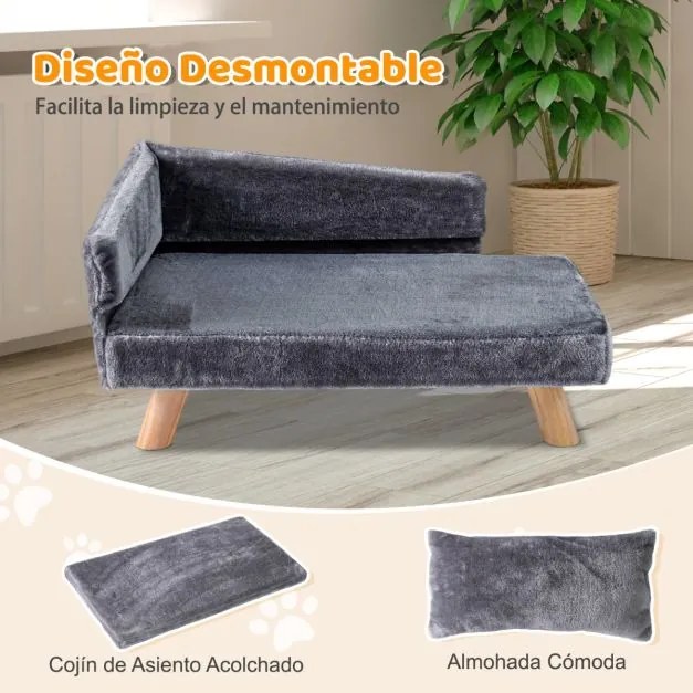Cama elevada para animais de estimação 71 x 43 x 40 cm com almofada e travesseiro removíveis, pernas de madeira e encosto alto cinza escuro
