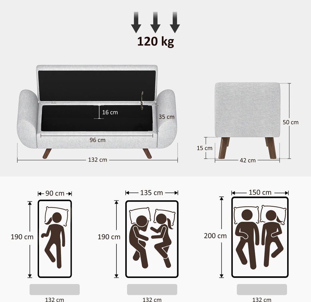 Banco com espaço de arrumação de 53,8 L, 132 x 42 x 50 cm com assento estofado em linho e braços, para sala de estar, quarto, hall de entrada, cinzent