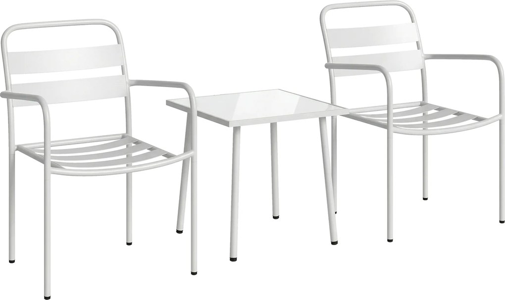 Outsunny Conjunto de Jardim com 3 Peças em Aço Galvanizado com 2 Cadeiras e Mesa de Vidro Temperado Branco | Aosom Portugal