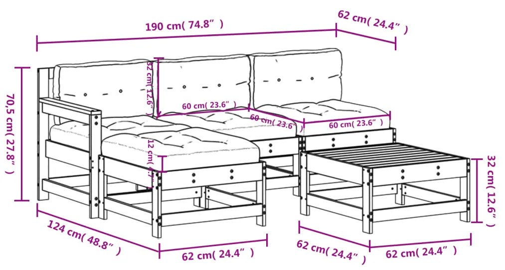 5pcs conj. lounge jardim+almofadões madeira maciça castanho-mel