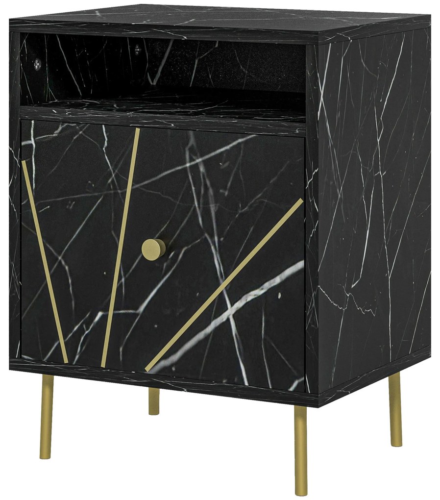 HOMCOM Mesinha de Cabeceira com Efeito Mármore Compartimento Aberto e Gaveta Mesa de Cabeceira para Quarto 39x30x50 cm Preto