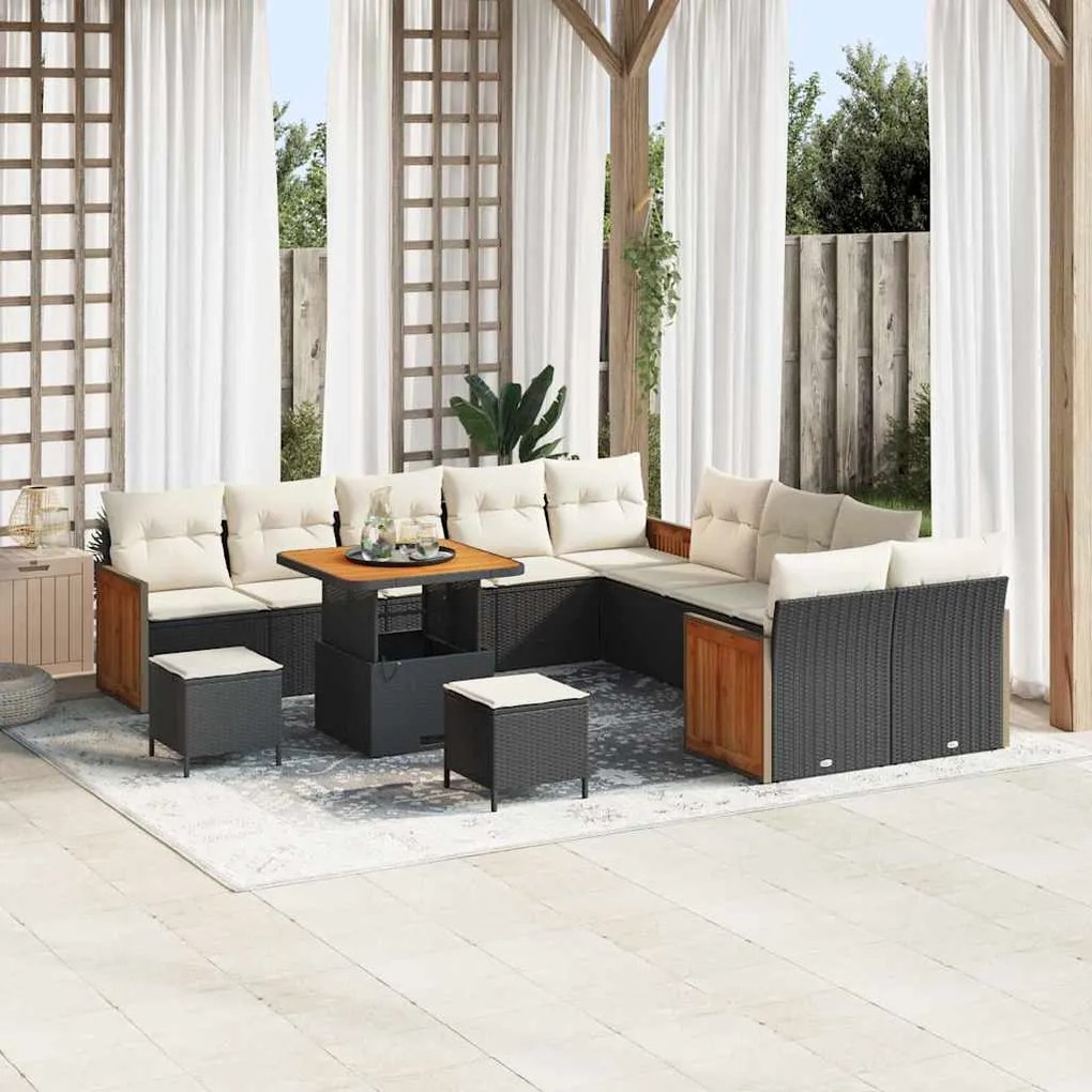 vidaXL Conjunto de Sofás de Jardim com 13 Peças e Almofadas Preto em Poly Rattan e Acácia.