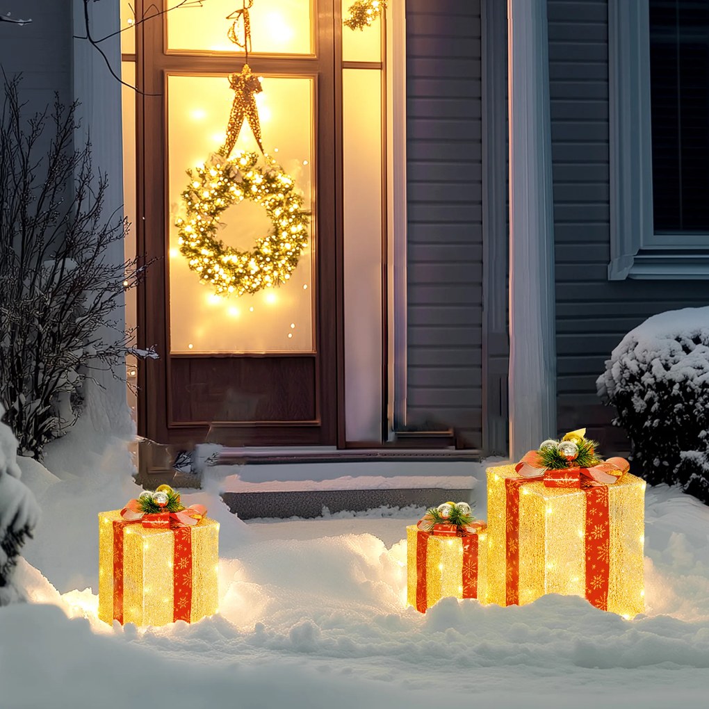 Conjunto de 3 Caixas de Presente de Natal com 58 LEDs Branco Quente Enfeites Luminosos para a Árvore de Natal Dourado