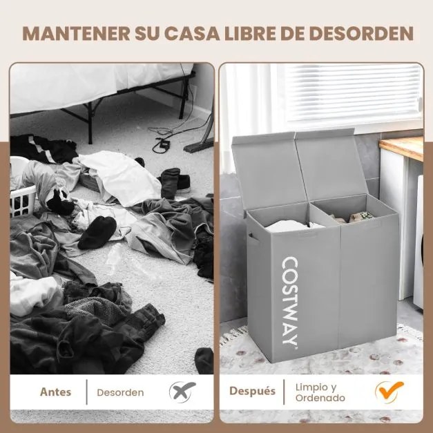 Cesto de Roupa suja com Tampa 115 L Cesto de Roupa com 2 Secções para Lavandaria Casa de Banho Quarto 62 x 31 x 60 cm Cinzento