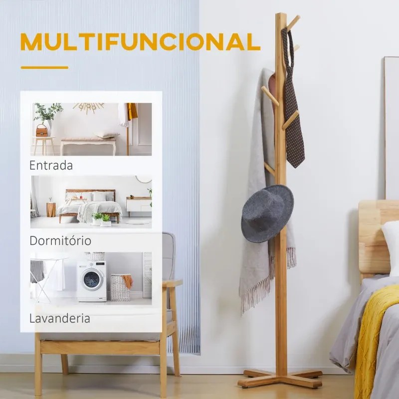 Cabide de Pé em Bambu com 8 Ganchos para Pendurar Bolsas e Chapéus no Corredor Entrada Quarto 49,5x49,5x178 cm Madeira