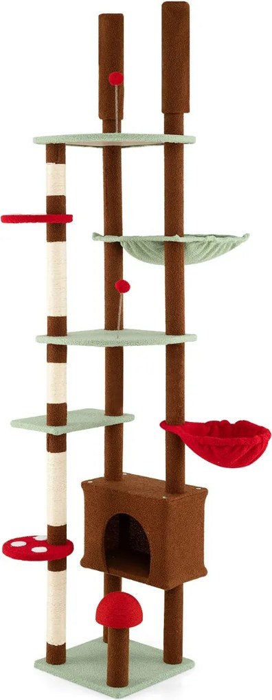 Arranhador para gatos do chão ao teto Altura ajustável com tema de cogumelo com caverna e rede Cesto suspenso giratório Castanho